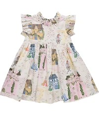 Pink Chicken Little Girls Jennifer Whimsical Castle Print Cotton Ruffle Sleeve A-Line Dress