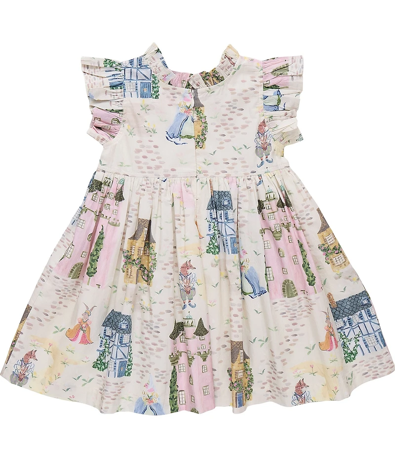 Pink Chicken Little Girls Jennifer Whimsical Castle Print Cotton Ruffle Sleeve A-Line Dress
