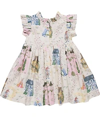 Pink Chicken Little Girls Jennifer Whimsical Castle Print Cotton Ruffle Sleeve A-Line Dress
