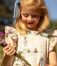 Pink Chicken Little Girls Jennifer Whimsical Castle Print Cotton Ruffle Sleeve A-Line Dress