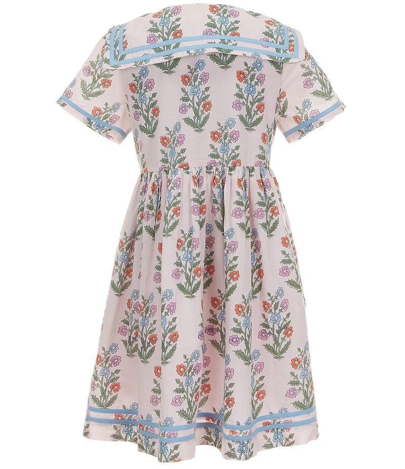 Pink Chicken Little Girls Elowen Sailor Floral Print Peter Pan Collar Short Sleeve Glitter Button Front Dress