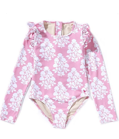 Pink Chicken Little Girls Long Sleeve Ruffle Shoulder Floral One Piece Rachel Rashguard Swimsuit