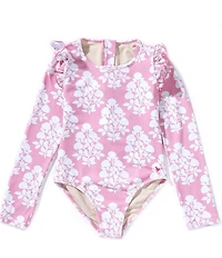 Pink Chicken Little Girls Long Sleeve Ruffle Shoulder Floral One Piece Rachel Rashguard Swimsuit