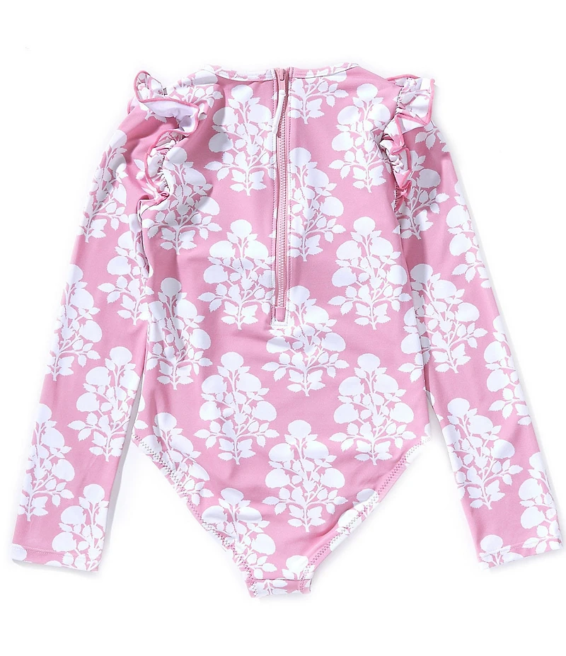 Pink Chicken Little Girls Long Sleeve Ruffle Shoulder Floral One Piece Rachel Rashguard Swimsuit