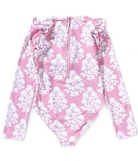 Pink Chicken Little Girls Long Sleeve Ruffle Shoulder Floral One Piece Rachel Rashguard Swimsuit