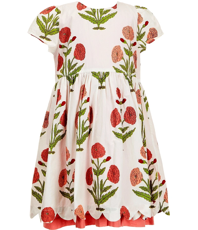 Pink Chicken Little Girls Marisol Cotton Floral Printed Cap Sleeve Scallop Hem Dress