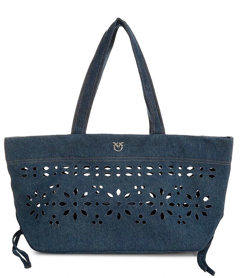 PINKO Cabas Perforated Denim Flower Print Classic Satchel Bag
