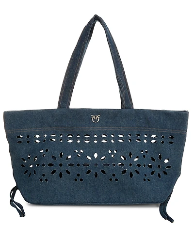 PINKO Cabas Perforated Denim Flower Print Classic Satchel Bag