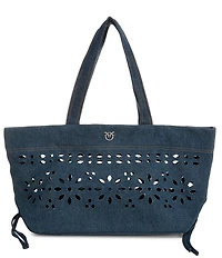 PINKO Cabas Perforated Denim Flower Print Classic Satchel Bag