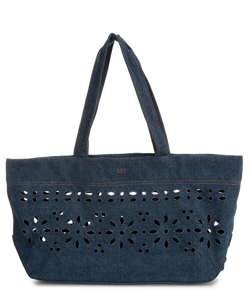 PINKO Cabas Perforated Denim Flower Print Classic Satchel Bag