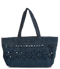 PINKO Cabas Perforated Denim Flower Print Classic Satchel Bag