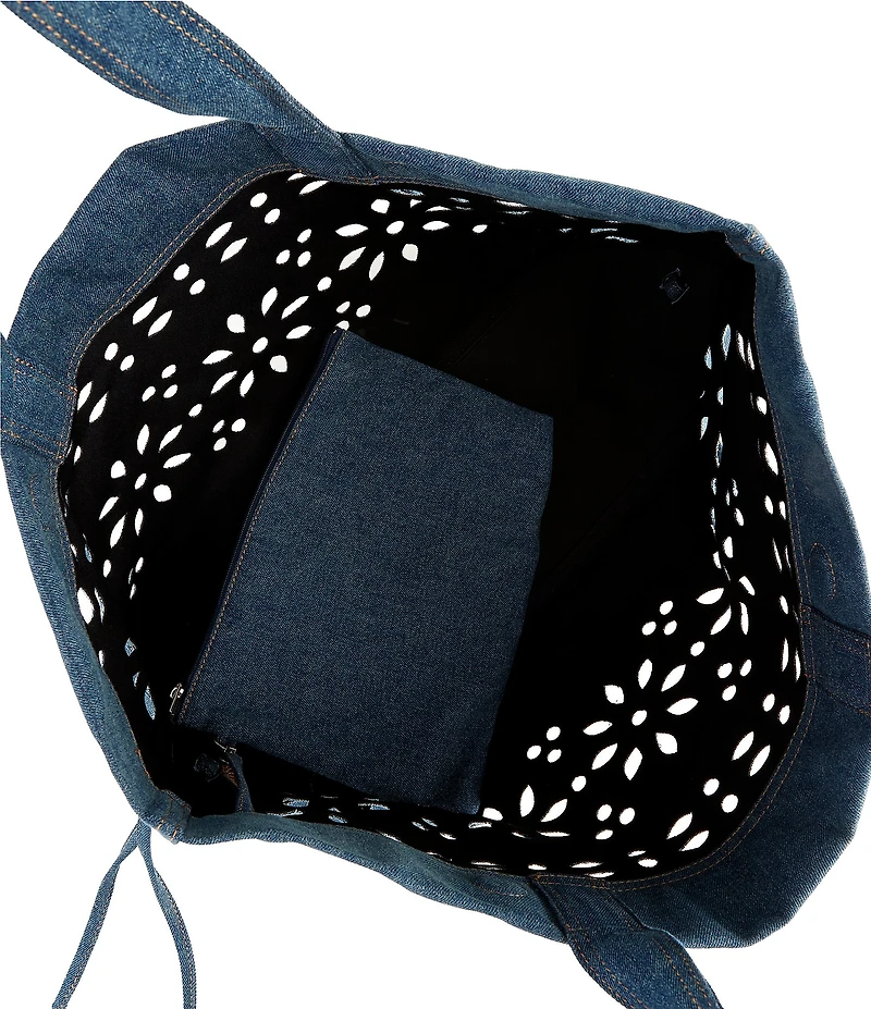 PINKO Cabas Perforated Denim Flower Print Classic Satchel Bag