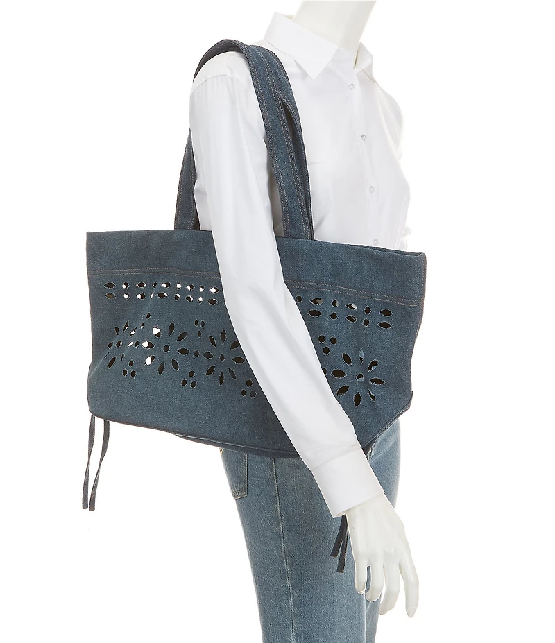 PINKO Cabas Perforated Denim Flower Print Classic Satchel Bag