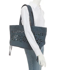 PINKO Cabas Perforated Denim Flower Print Classic Satchel Bag