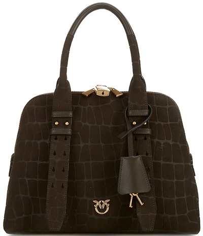PINKO Croc Embossed Nubuck Medium Bowling Satchel Handle Bag