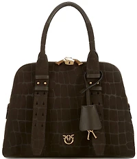 PINKO Croc Embossed Nubuck Medium Bowling Satchel Handle Bag