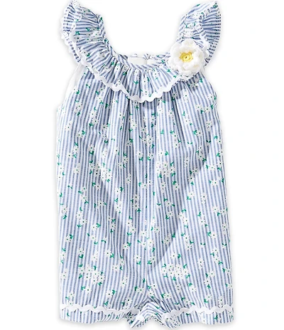 Pippa & Julie Baby Girls Ruffle Collar Ric Rac Trim Ditsy Floral Print Striped Romper