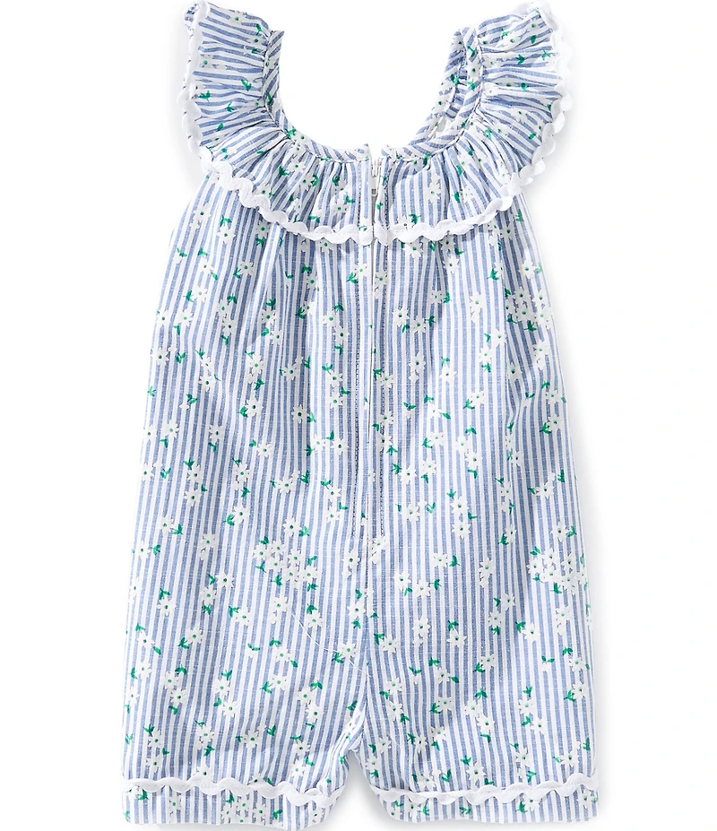 Pippa & Julie Baby Girls Ruffle Collar Ric Rac Trim Ditsy Floral Print Striped Romper