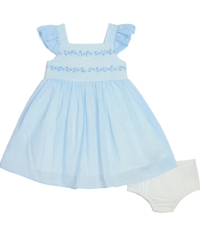 Pippa & Julie Baby Girls Floral Square Neck Short Ruffle Sleeve Chambray Dress