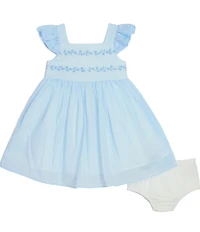 Pippa & Julie Baby Girls Floral Square Neck Short Ruffle Sleeve Chambray Dress