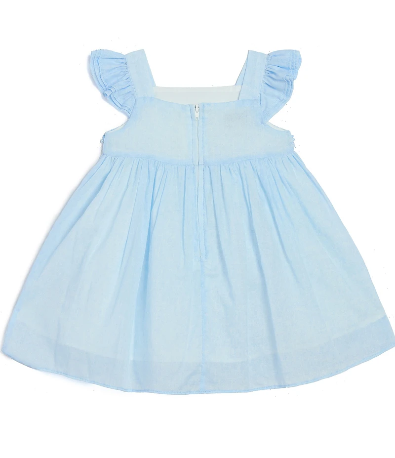 Pippa & Julie Baby Girls Floral Square Neck Short Ruffle Sleeve Chambray Dress