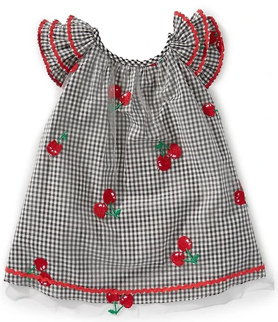 Pippa & Julie Baby Girls Flutter Sleeve Gingham-Printed/Cherry-Embroidered-Mesh-Overlay Dress