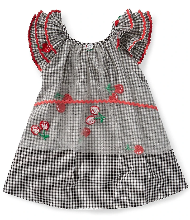 Pippa & Julie Baby Girls Flutter Sleeve Gingham-Printed/Cherry-Embroidered-Mesh-Overlay Dress