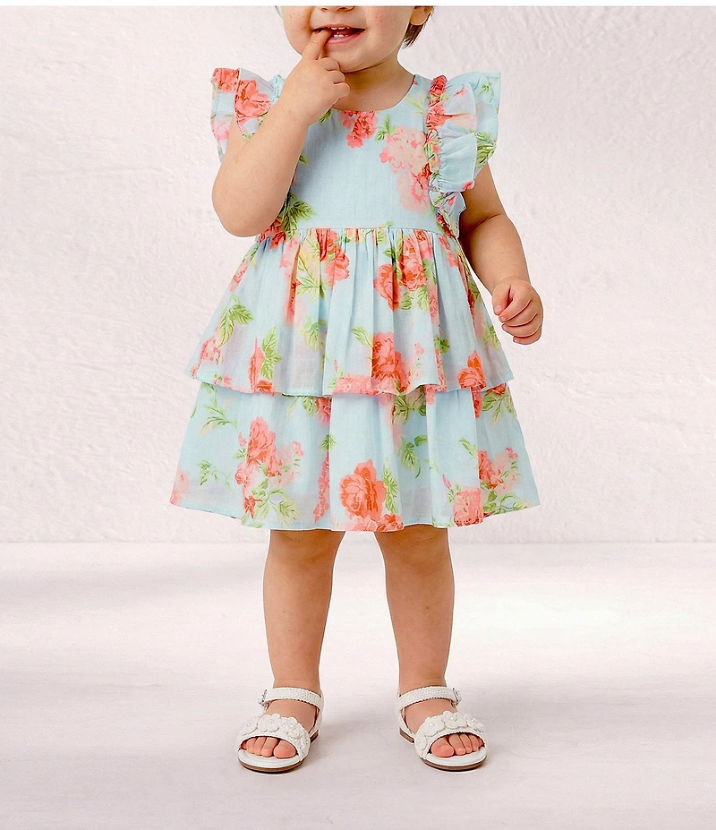 Pippa & Julie Baby Girls Flutter-Sleeve Rylie Floral/Stripe Fit-And-Flare Dress