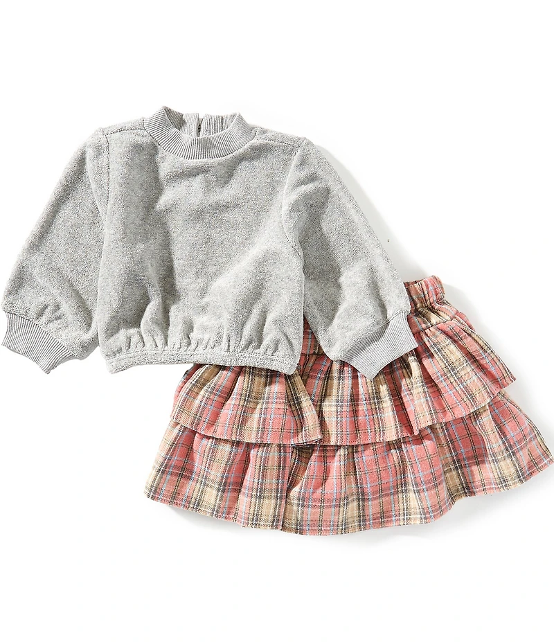Pippa & Julie Baby Girls Long-Sleeve Solid Top & Plaid Skirt Set