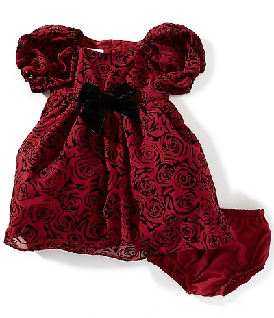 Pippa & Julie Baby Girls Puffed-Sleeve Flocked Roses Fit-And-Flare Dress