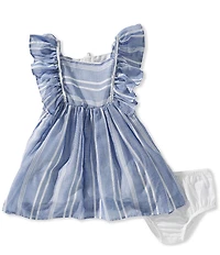 Pippa & Julie Baby Girls Ruffle Sleeve Terrie Chambray Stripe Dress