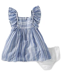 Pippa & Julie Baby Girls Ruffle Sleeve Terrie Chambray Stripe Dress