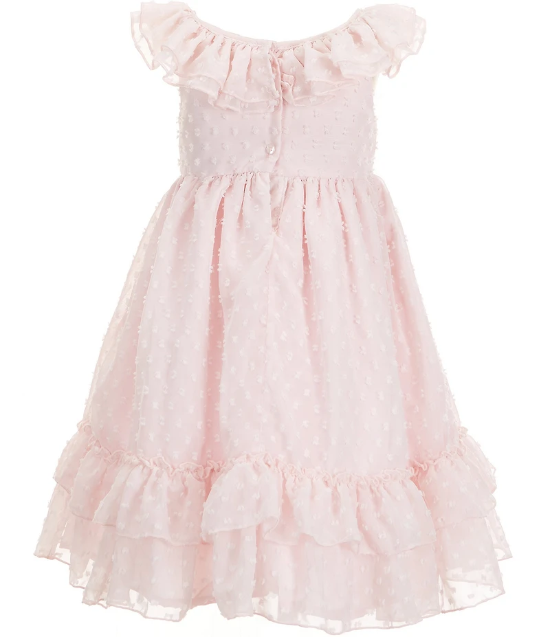 Pippa & Julie Little Girls Ruffle Neckline Flutter Sleeve Ruth Mesh-Clip-Dot Tiered Hem Babydoll Dress