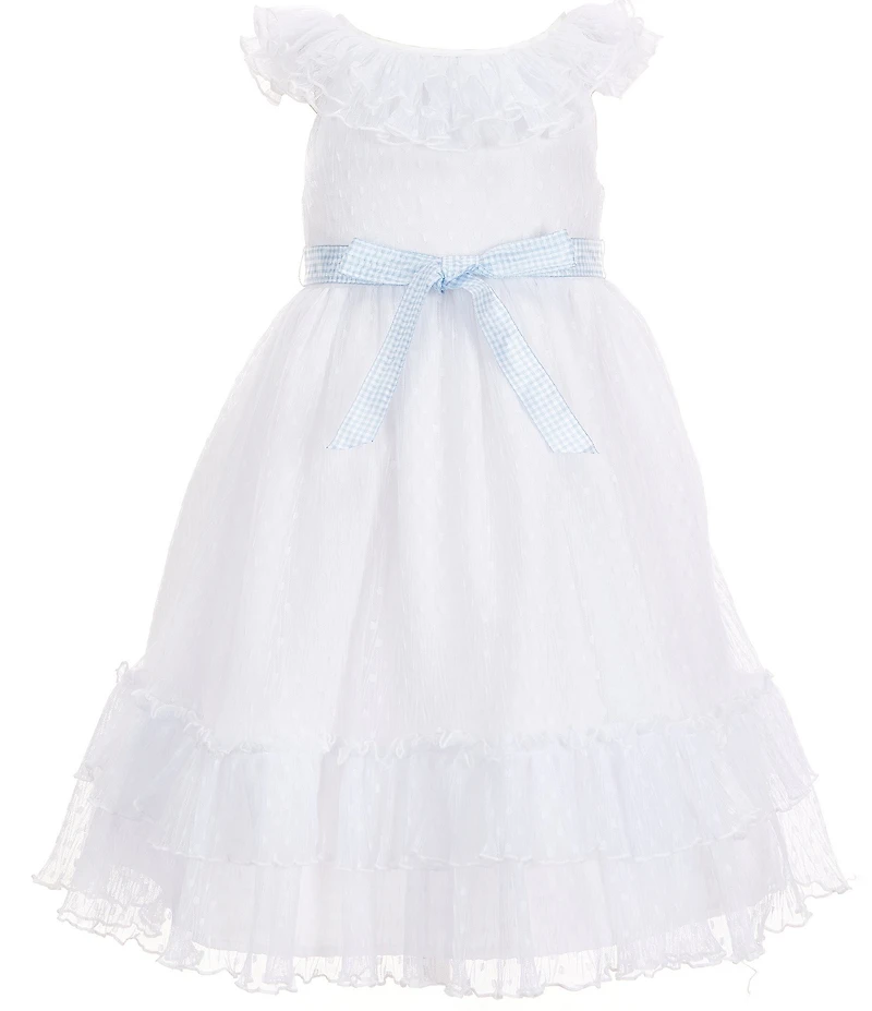 Pippa & Julie Little Girls Ruffle Neckline Flutter Sleeve Ruth Mesh-Clip-Dot Tiered Hem Dress