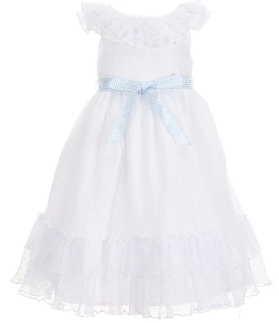 Pippa & Julie Little Girls Ruffle Neckline Flutter Sleeve Ruth Mesh-Clip-Dot Tiered Hem Dress