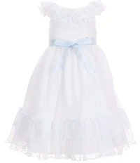 Pippa & Julie Little Girls Ruffle Neckline Flutter Sleeve Ruth Mesh-Clip-Dot Tiered Hem Dress