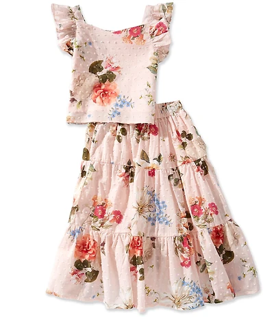 Pippa & Julie Little Girls Floral/Clip-Dot Top & Matching Skirt Set