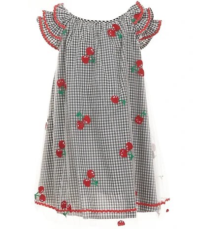 Pippa & Julie Little Girls Flutter Sleeve Gingham-Printed/Cherry-Embroidered-Mesh-Overlay Dress