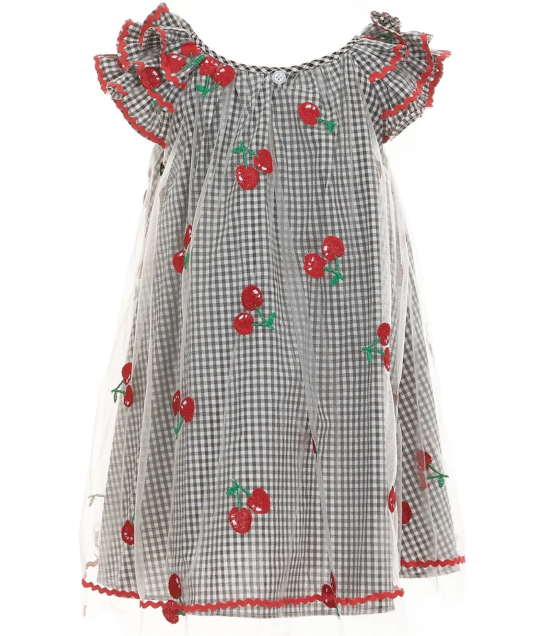Pippa & Julie Little Girls Flutter Sleeve Gingham-Printed/Cherry-Embroidered-Mesh-Overlay Dress