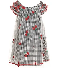 Pippa & Julie Little Girls Flutter Sleeve Gingham-Printed/Cherry-Embroidered-Mesh-Overlay Dress