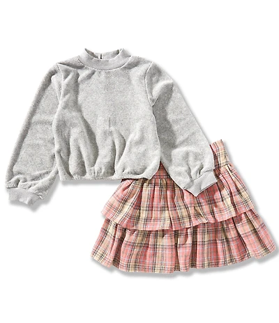 Pippa & Julie Little Girls Long-Sleeve Heathered Top & Plaid Two-Tier Skirt Set