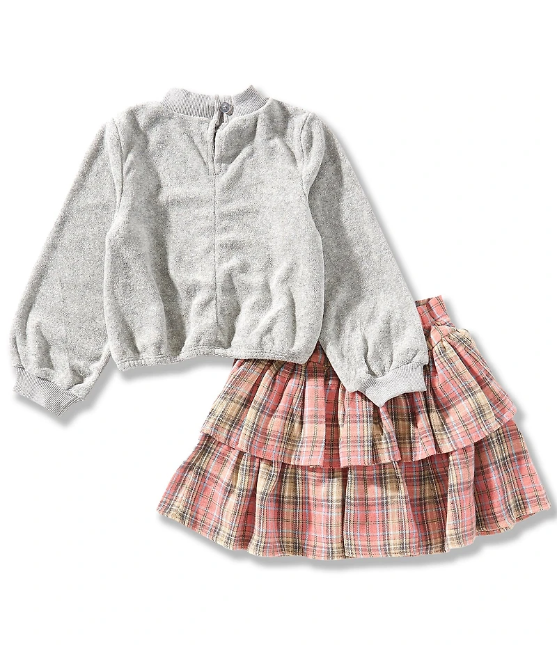 Pippa & Julie Little Girls Long-Sleeve Heathered Top & Plaid Two-Tier Skirt Set
