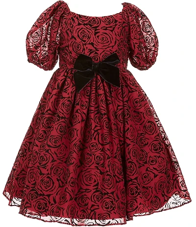 Pippa & Julie Little Girls Puffed-Sleeve Flocked Roses Fit-And-Flare Dress