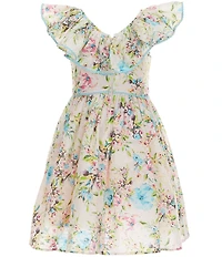 Pippa & Julie Little Girls Short Puff Sleeve Floral Print Ashley Dress