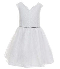Pippa & Julie Little Girls Short Sleeve Sylvia Shiny V-Neck Dress