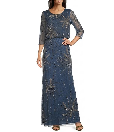 Pisarro Nights 3/4 Sleeve Bead Blouson Long Sleeve Gown