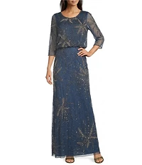 Pisarro Nights 3/4 Sleeve Bead Blouson Long Sleeve Gown