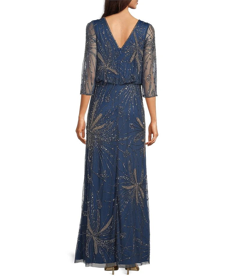 Pisarro Nights 3/4 Sleeve Bead Blouson Long Sleeve Gown