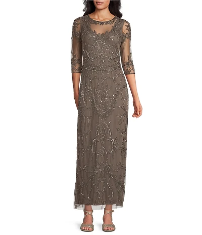 Pisarro Nights Mesh 3/4 Sleeve Beaded Column Gown
