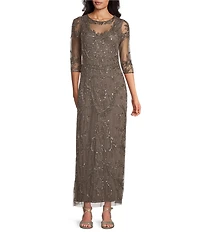 Pisarro Nights Mesh 3/4 Sleeve Beaded Column Gown